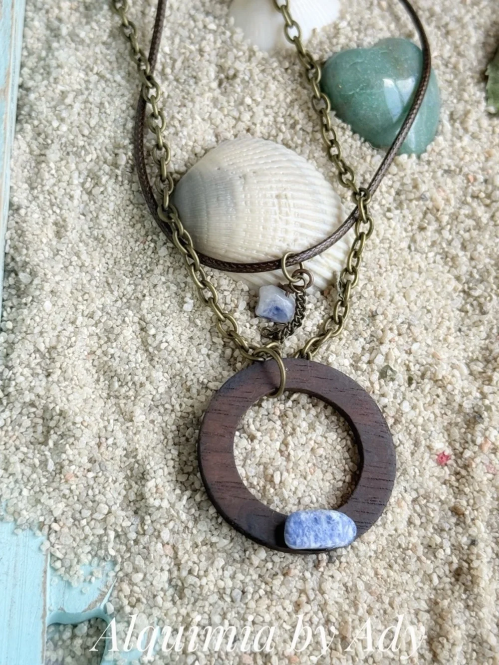LAYERED LAPIS LAZULI Brown Wood Circle Necklace with Light Blue Stone